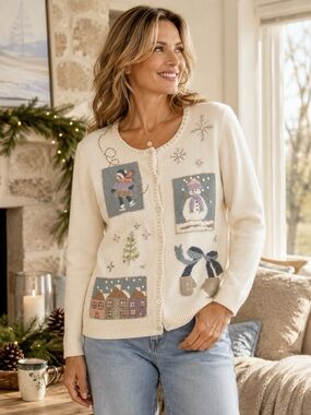 Alfred Dunner Large Winter Christmas Cardigan Snowman Embroidered Sweater